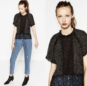 ZARA black Tweed Short Sleeve Top